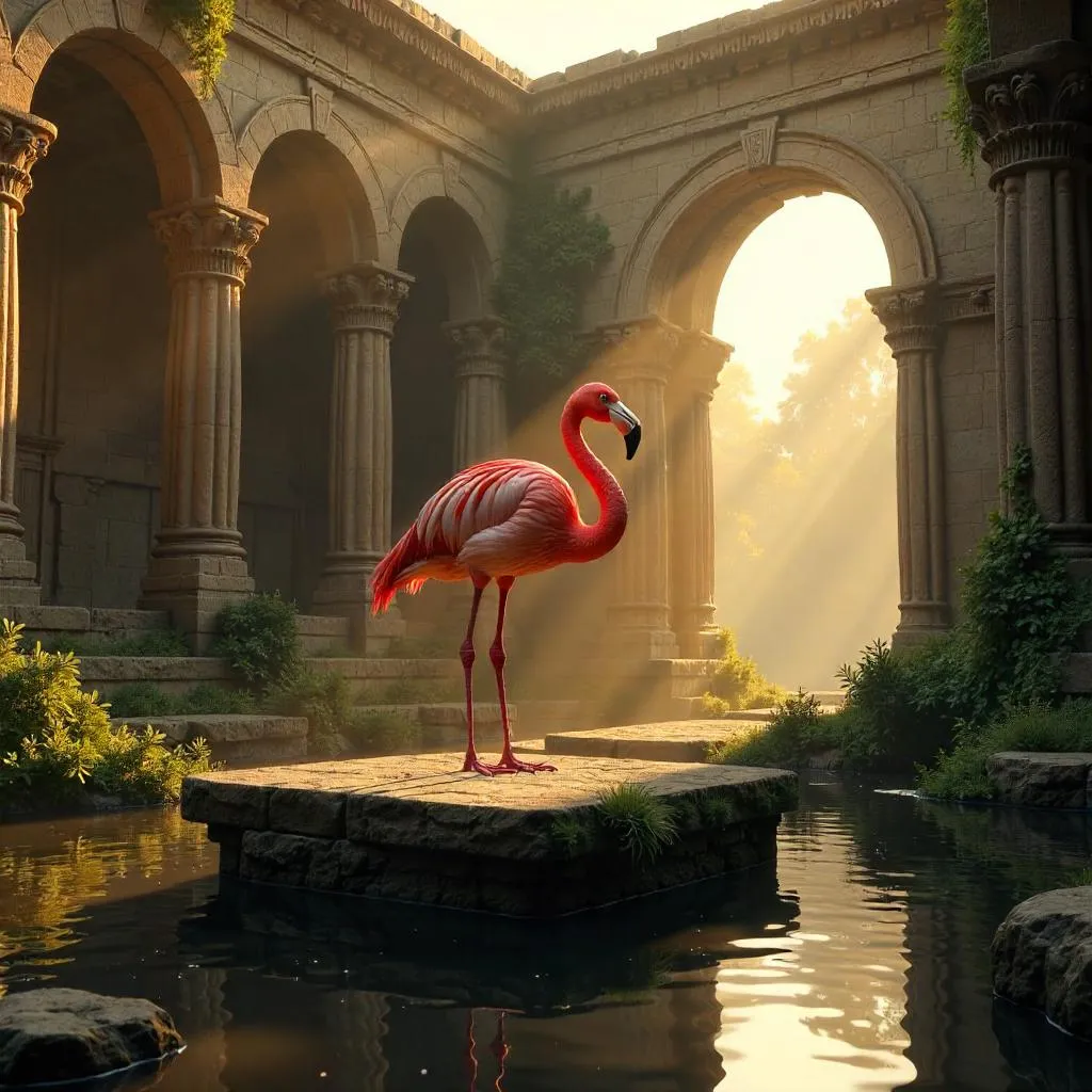 Flamingo in Temple Ruins: A 3D Rendered Scene