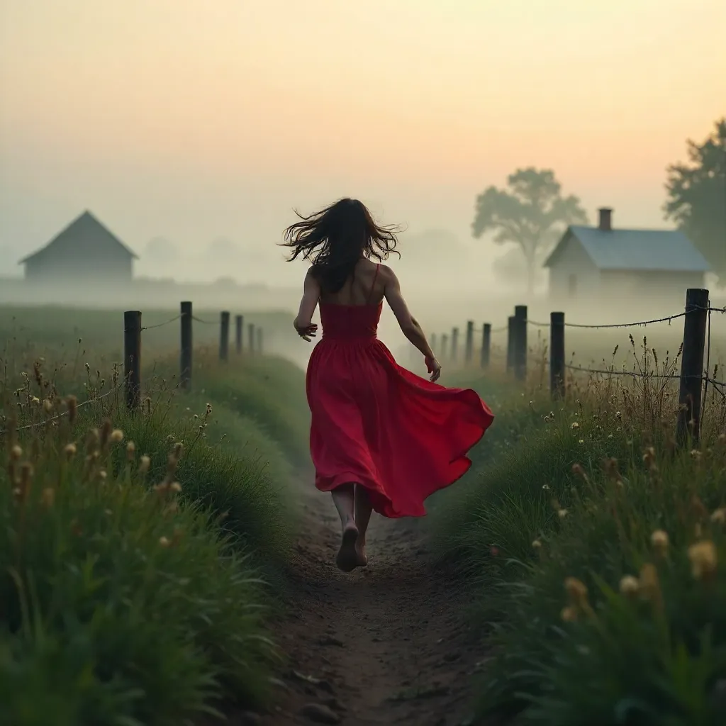 Escape Through the Fog: Woman in a Red Dress