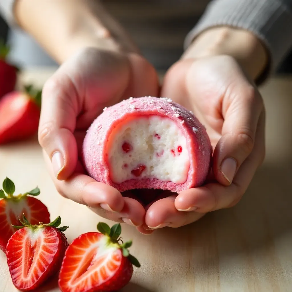 Close-Up Pink Strawberry Mochi with Fresh Slices