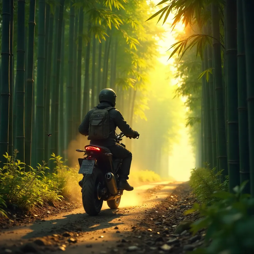 Sunlit Bamboo Ride: Serene Motorcyclist