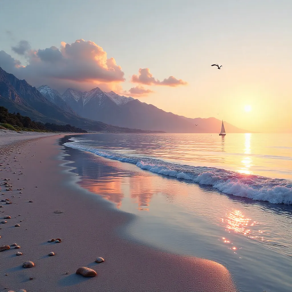Calm Evening Beach beneath Majestic Mountain Backdrop