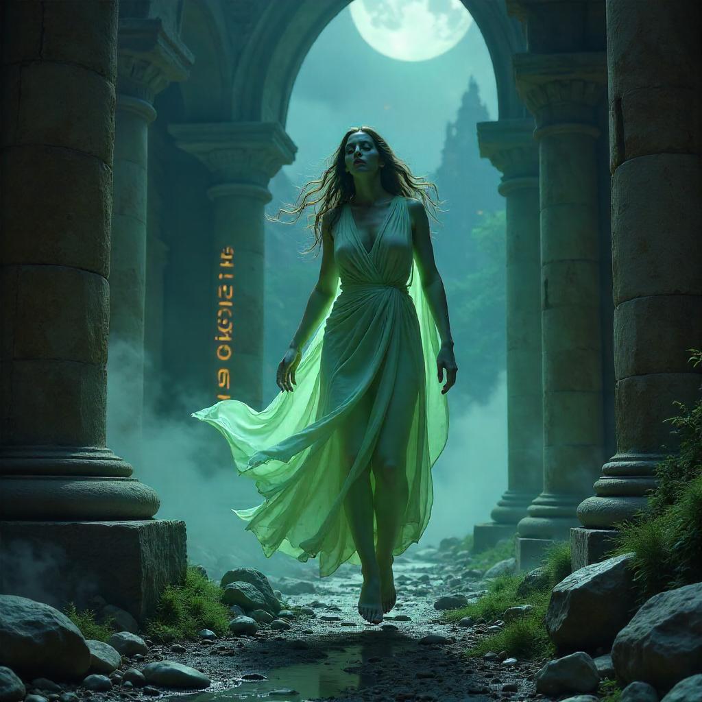 Moonlit Banshee in Ancient Temple Ruins