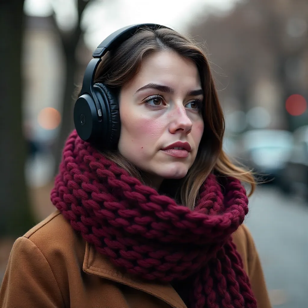 Portrait of a Young Woman Outdoors in Scarf and Headphones