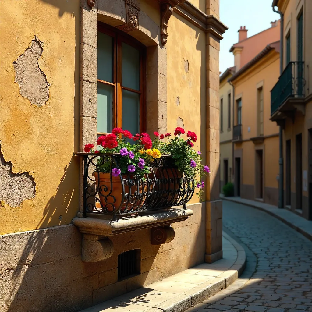 Rustic Barcelona Facade with Lush Balcony