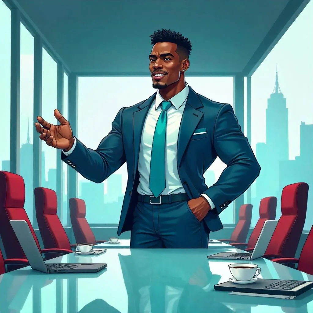Athletic Black Man in a Cartoon Boardroom