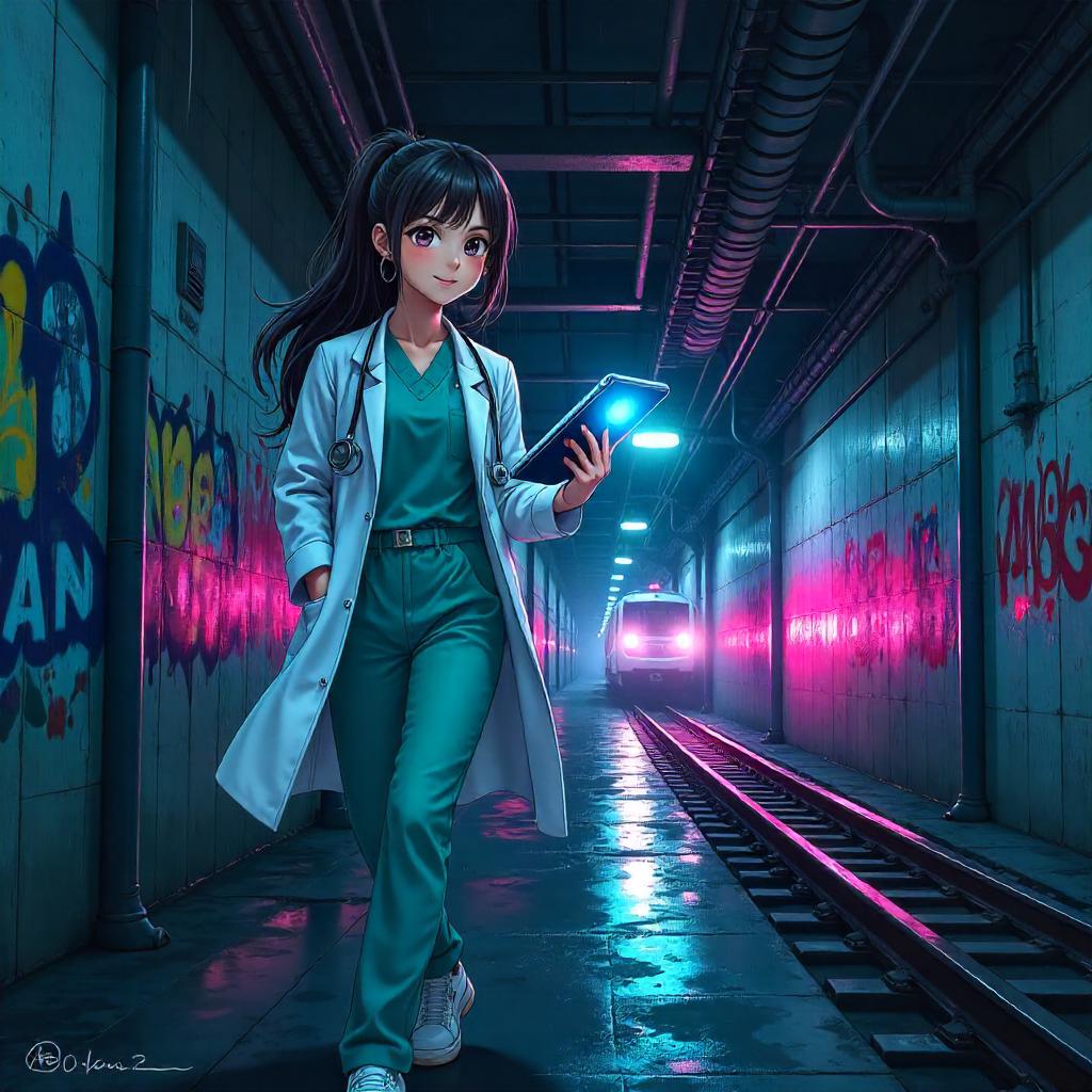 Subway Doctor in Neon Anime Tunnel