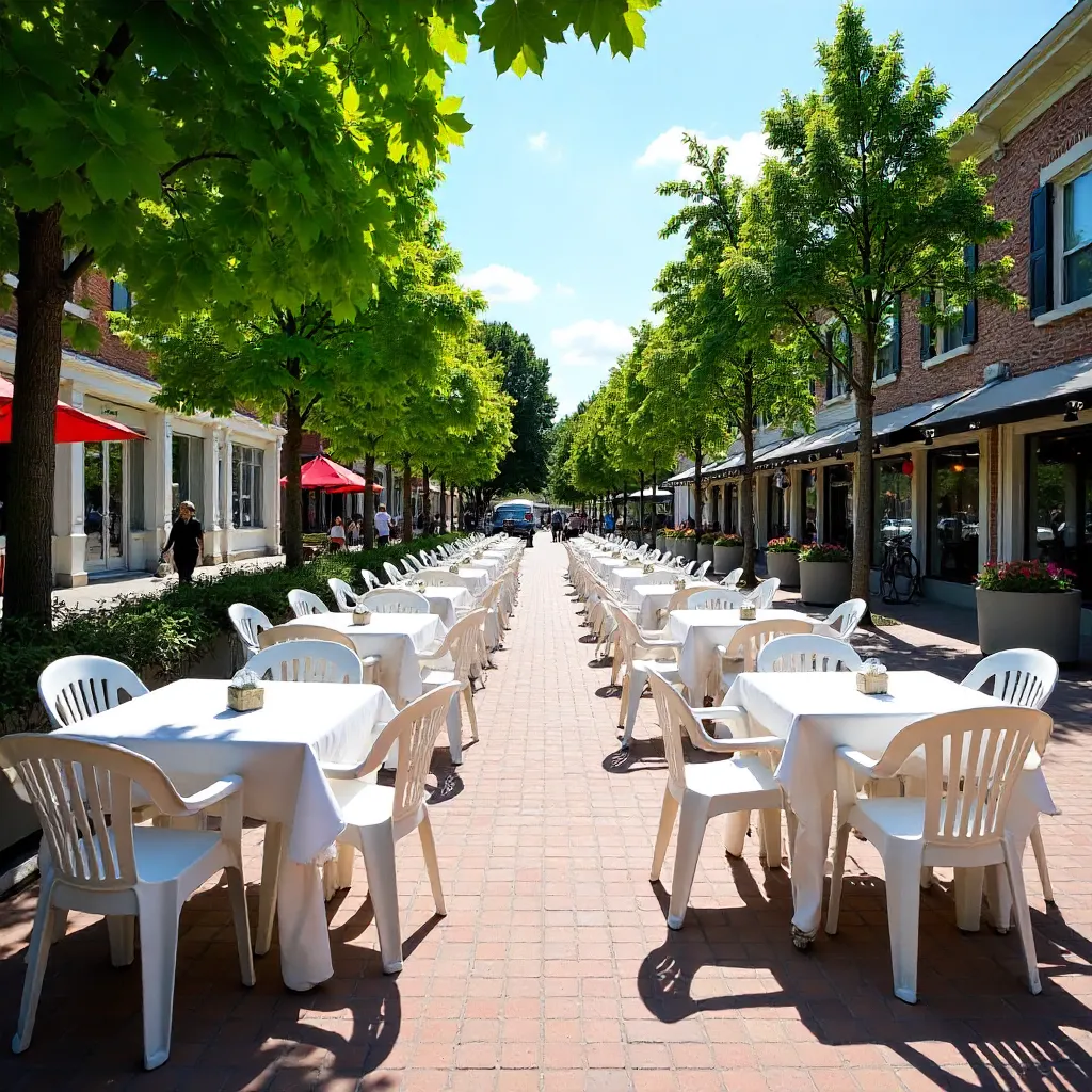Sunlit White Plastic Tables in Pierrefonds Summer Courtyard