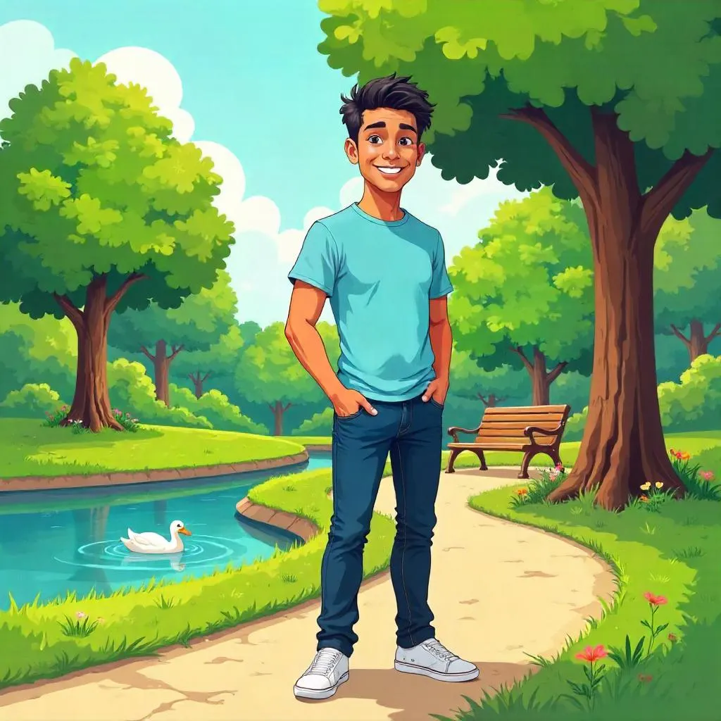 Sunlit Park Cartoon Portrait of a Young Latino Man