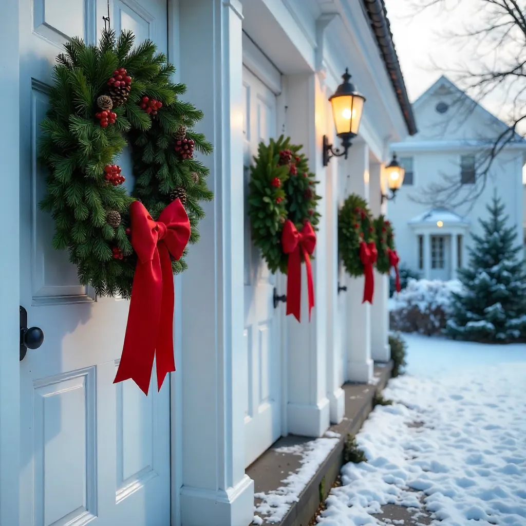 Elegant Evergreen Wreaths on White Doors in Winter