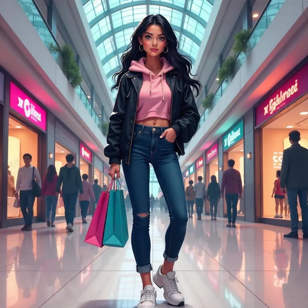 Latina Anime Girl in a Neon Shopping Mall
