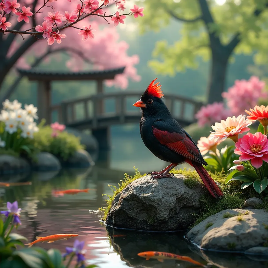 Red-crested Cardinal in Buenos Aires Japanese Garden