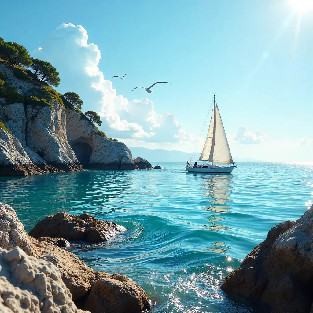 Tranquil Sailboat by Rocky Shore under Clear Blue Sky