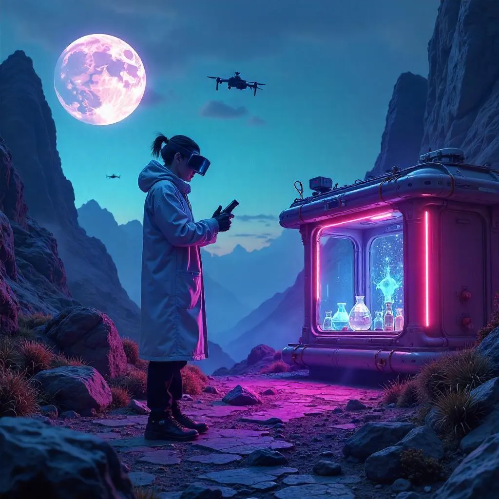 Neon-Cloaked Scientist in a Cyberpunk Alien World