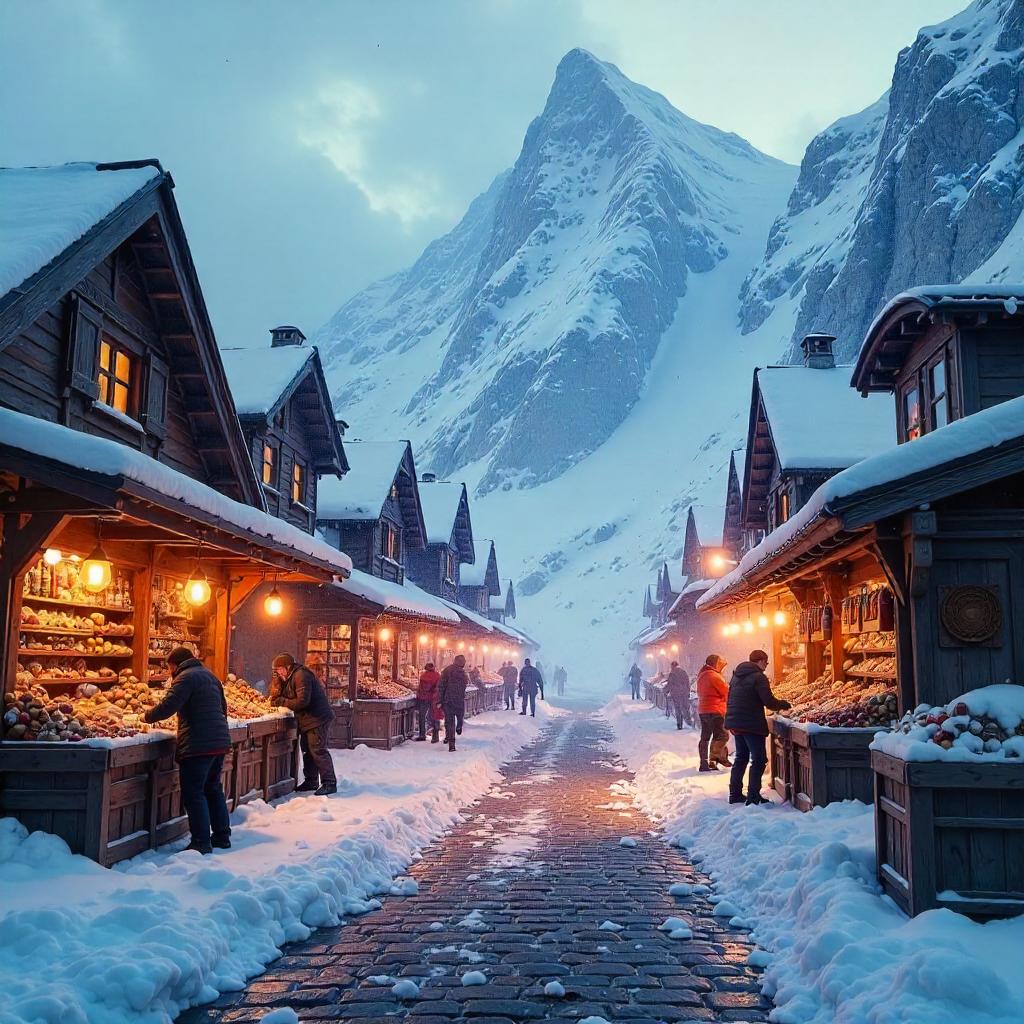 Avalanche in a Snowy Alpine Marketplace - 3D Render