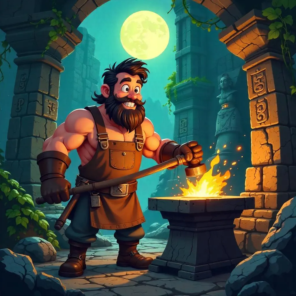 Cartoon Blacksmith in the Lost City Forge