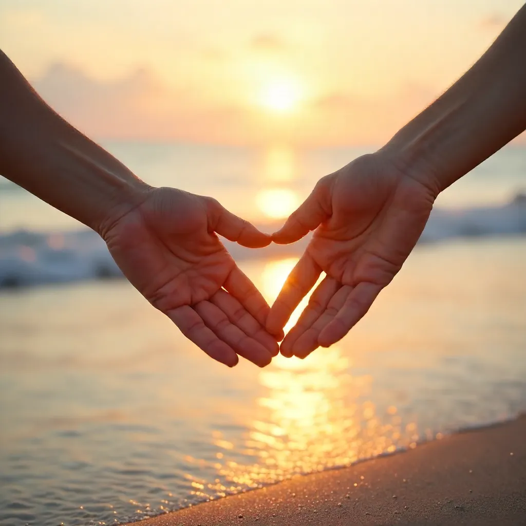 Two Hands Reaching Across a Serene Beach for Connection