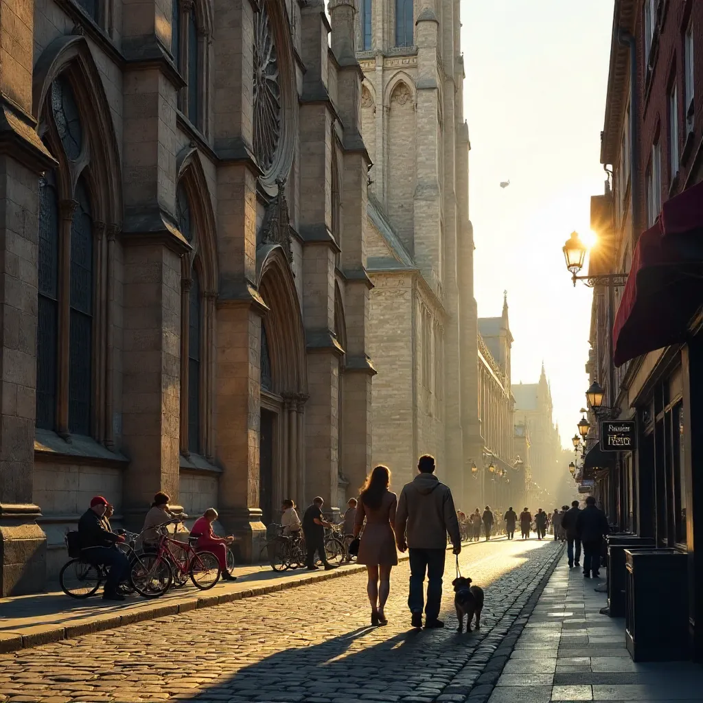 Couple with Dog Strolling by Gothic Architecture