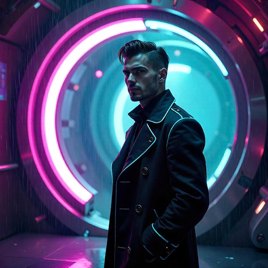 Handsome Cyberpunk in a Portal Chamber