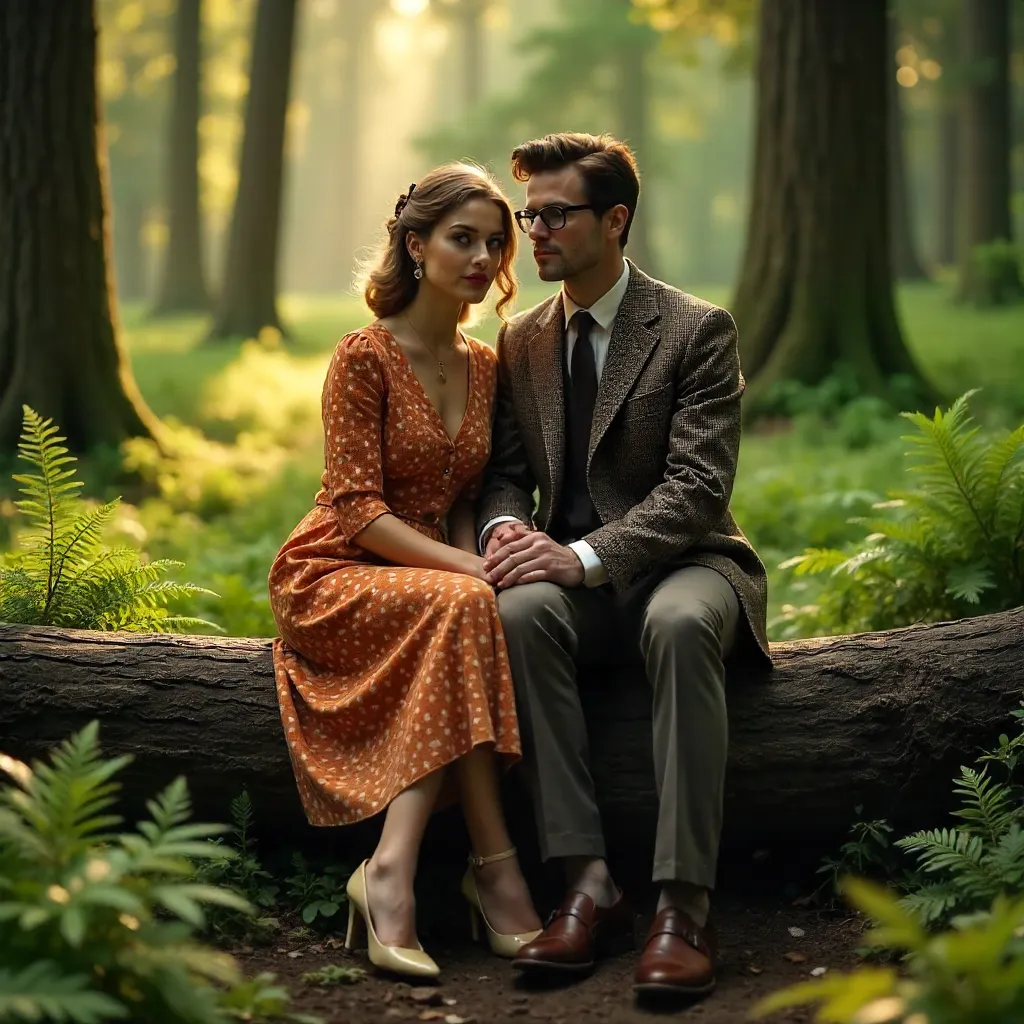 Vintage Fashionable Couple in a Lush Forest
