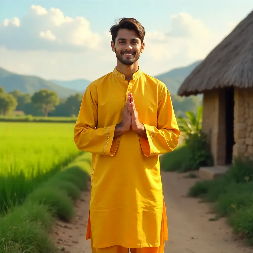 Young man in yellow traditional attire greeting in rural village