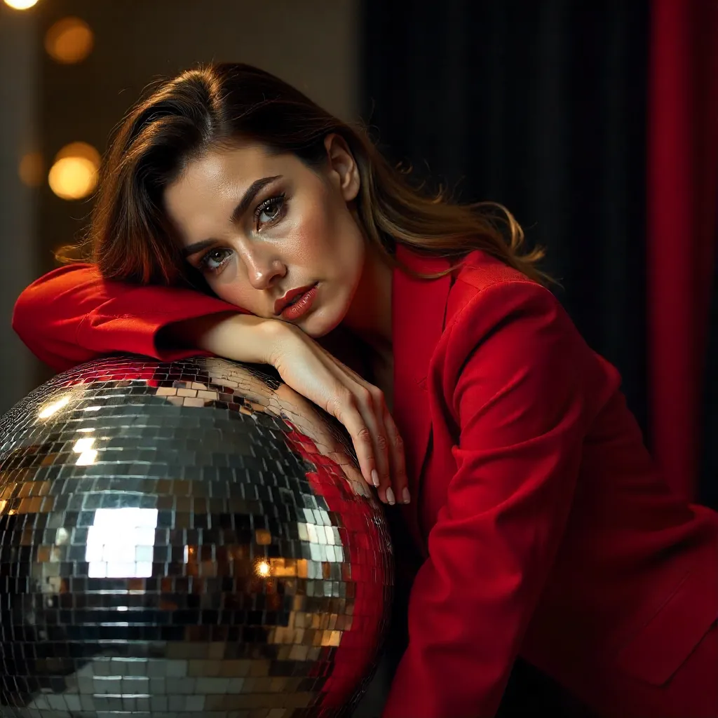 Portrait of a Woman in Red Jacket with Reflective Disco Ball