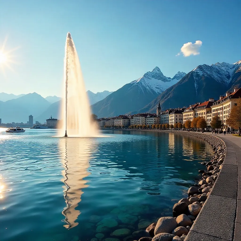 Jet d'Eau over Lake Geneva: City, Alps, Sunset