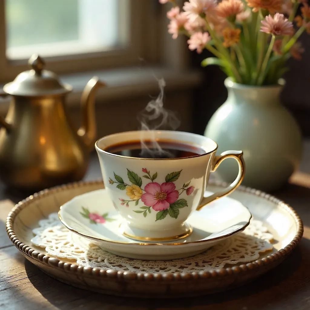 Floral Cup of Coffee on Vintage Tray