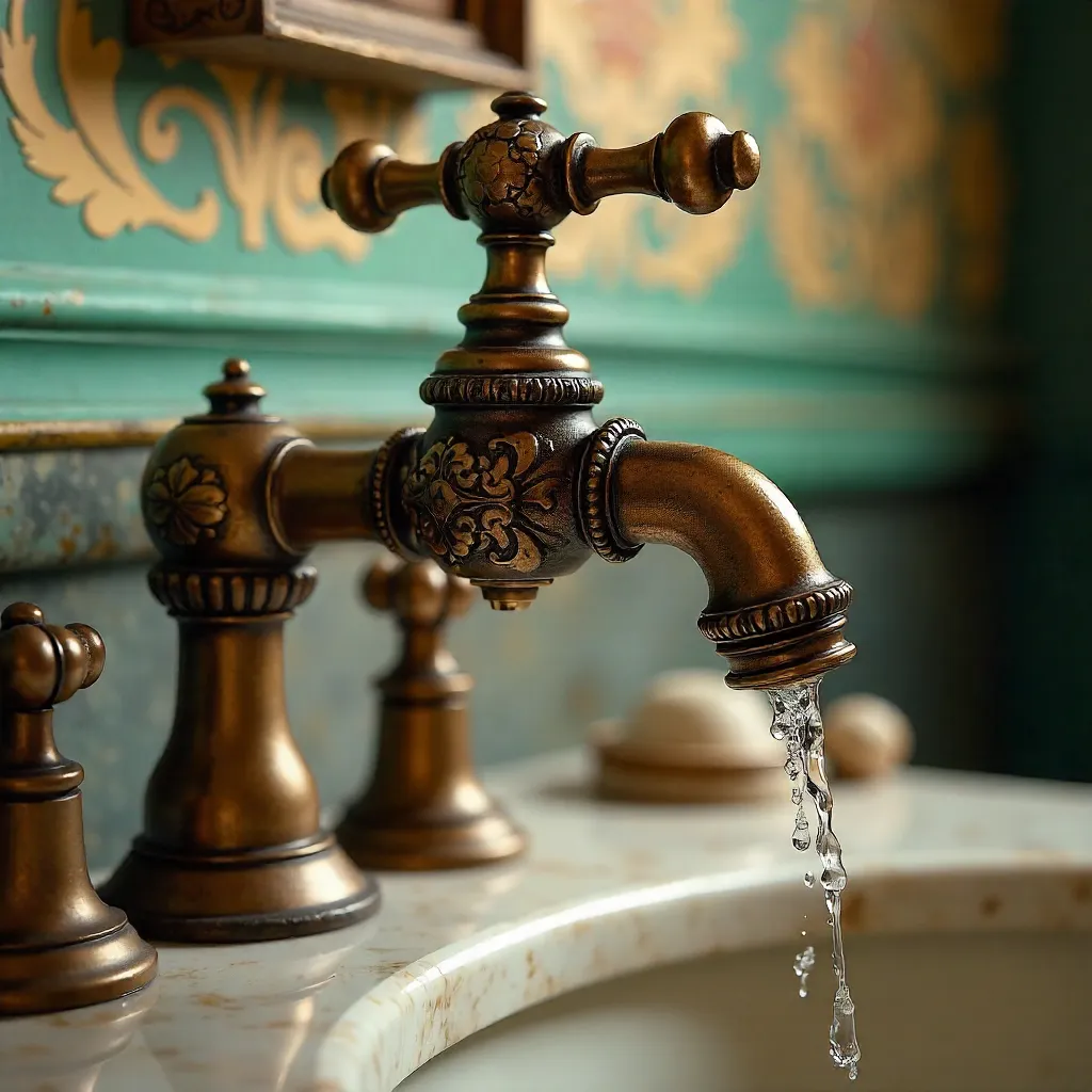 Ornate Bronze Tap in Vintage Decor with Dripping Water