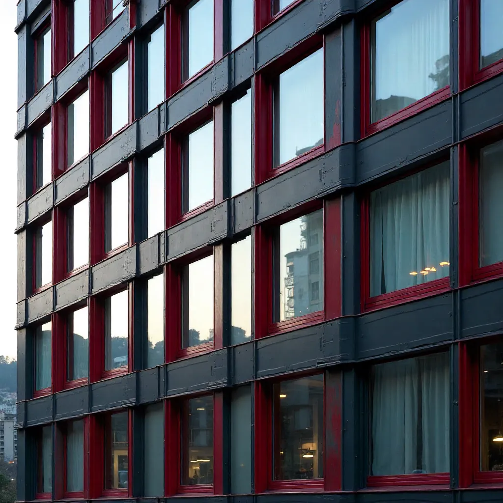 Close-Up of a Modern Facade with Red-Framed Window Grid