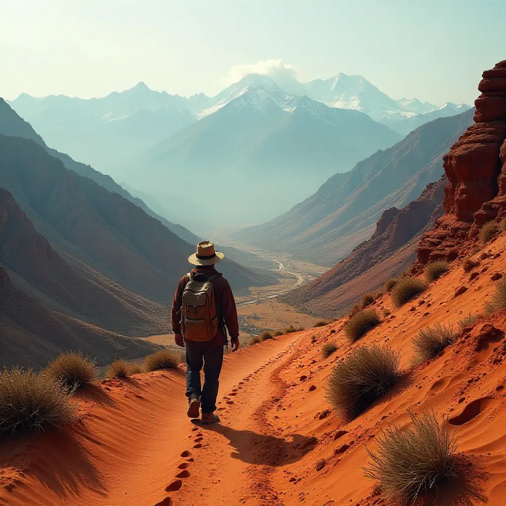 Solitary Traveler in a Misty Red-Sand Peru Countryside