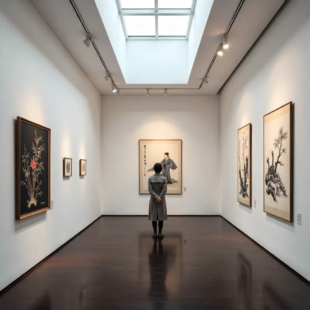 Serene Chinese Gallery: One Visitor in Quiet Light
