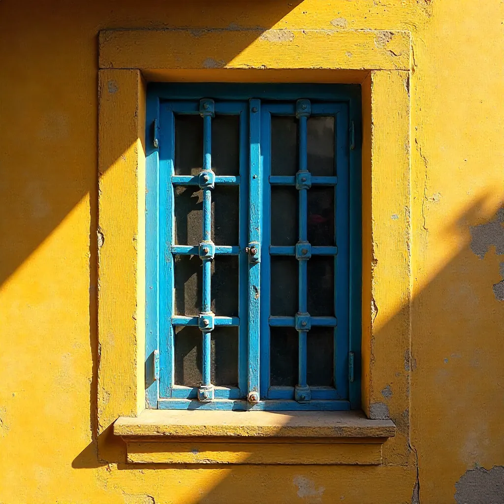 Blue-Barred Window on a Yellow Jodhpur Wall