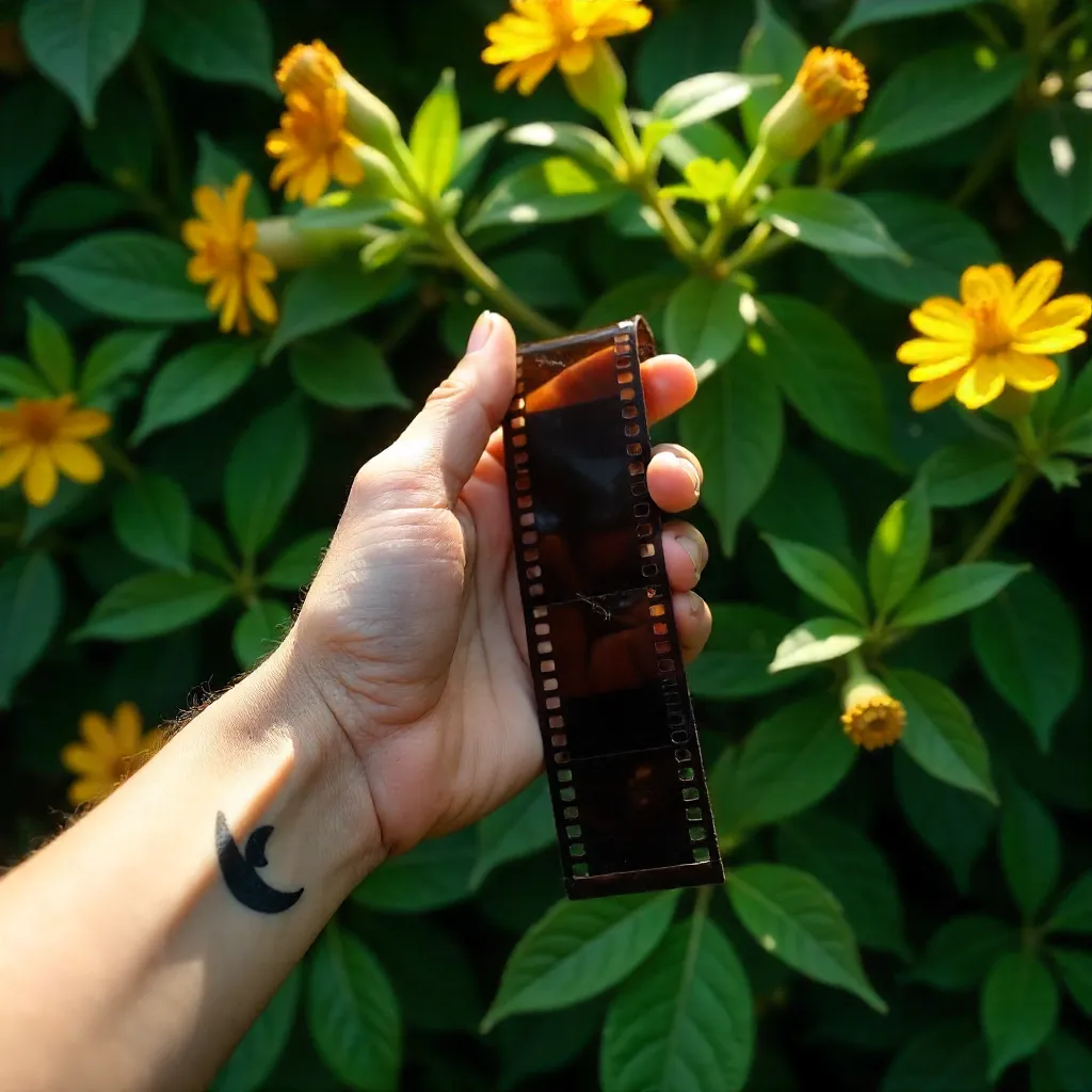 Moon-Tattooed Hand Holds Film Roll Among Leaves