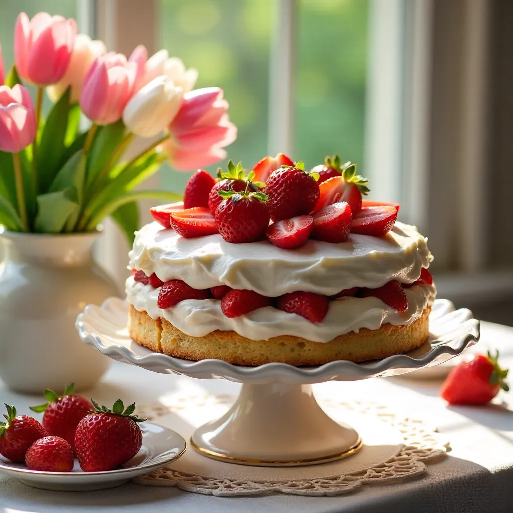 Elegant Strawberry Cake on Lace Table with Tulips