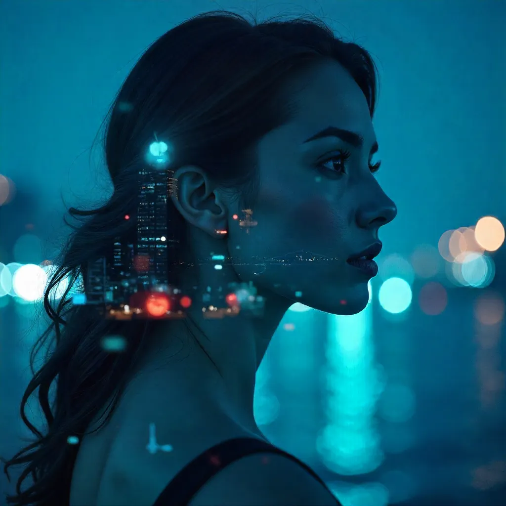 Blue Double-Exposure Portrait with Dramatic Lighting