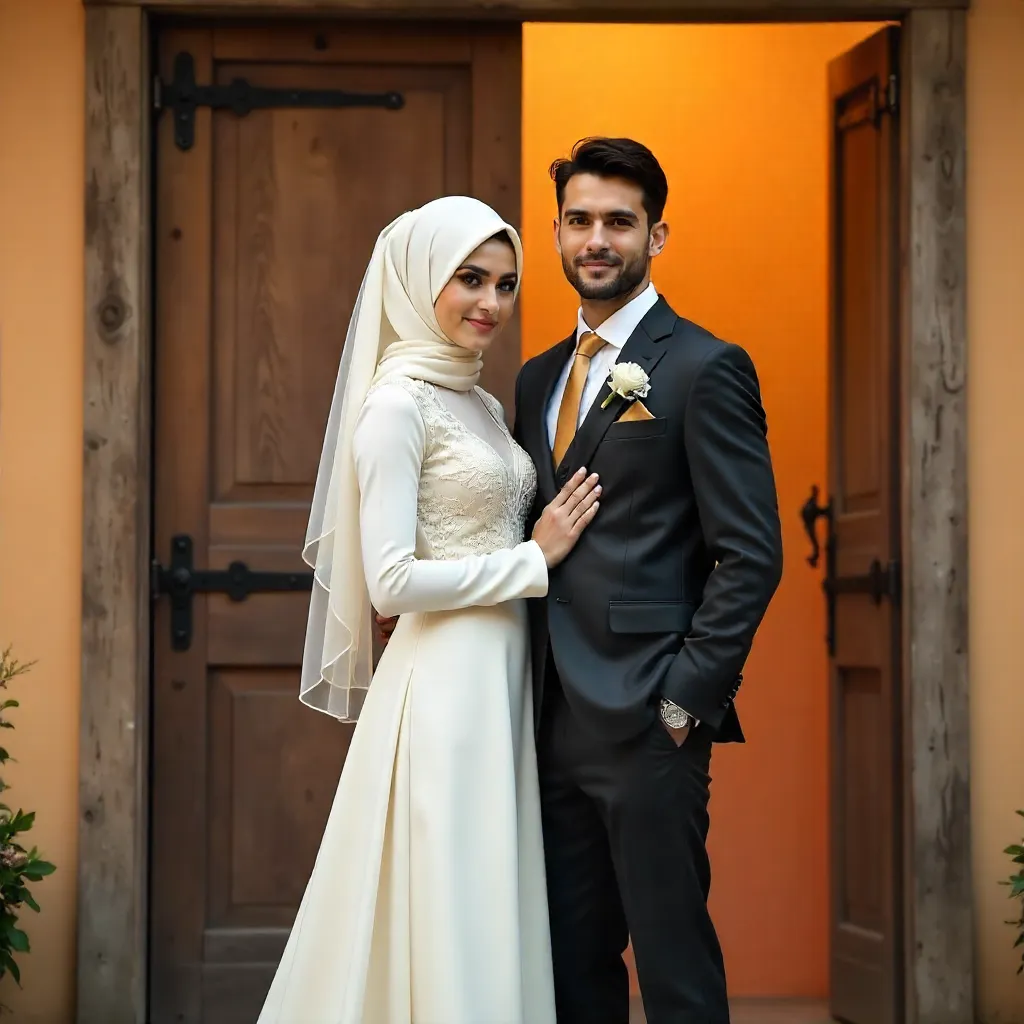 Elegant Muslim Couple Before Rustic Door with Orange Backdrop