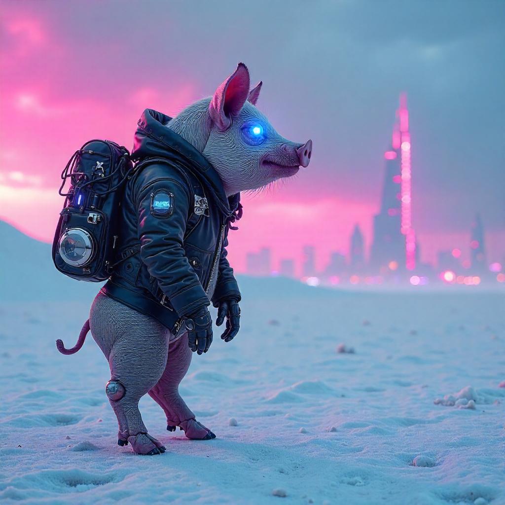 Neon Pig on a Salt Flat in Cyberpunk Dawn