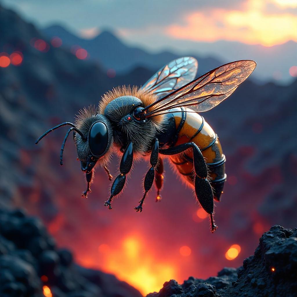 Cyberpunk Bee in a Volcanic Crater