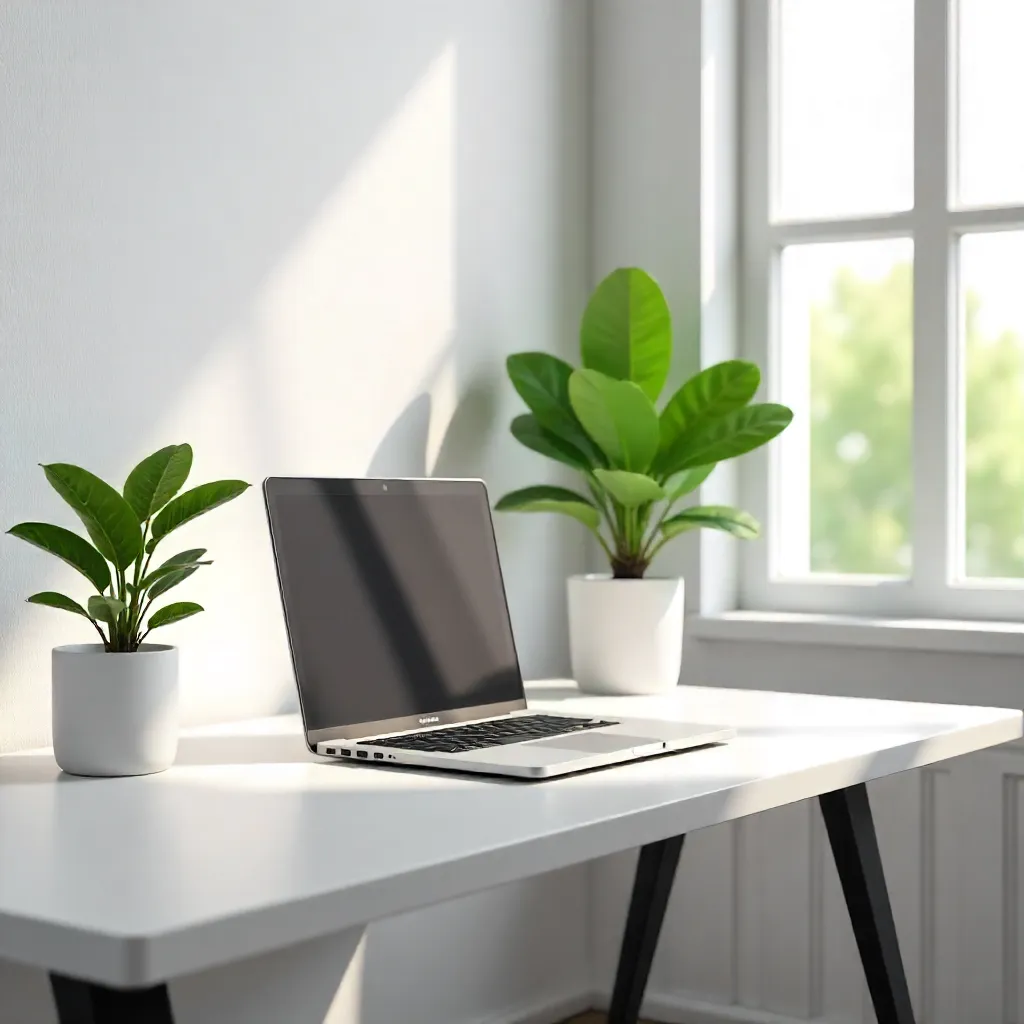 Minimalist Laptop Desk with Fresh Green Plant