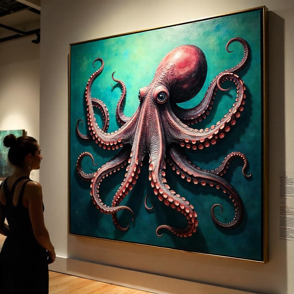 Photograph of an Oil Painting Octopus in a Gallery