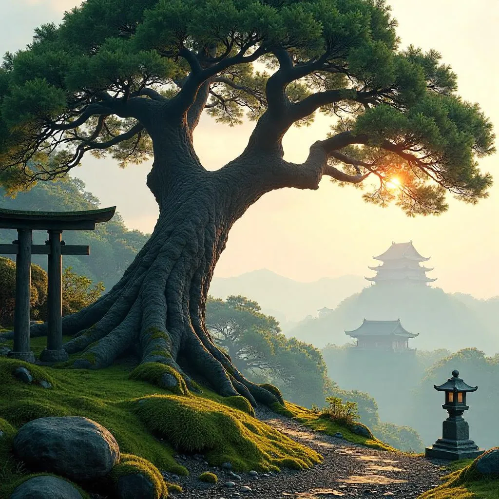 Ancient Feudal Japan Tree in Dawn Mist