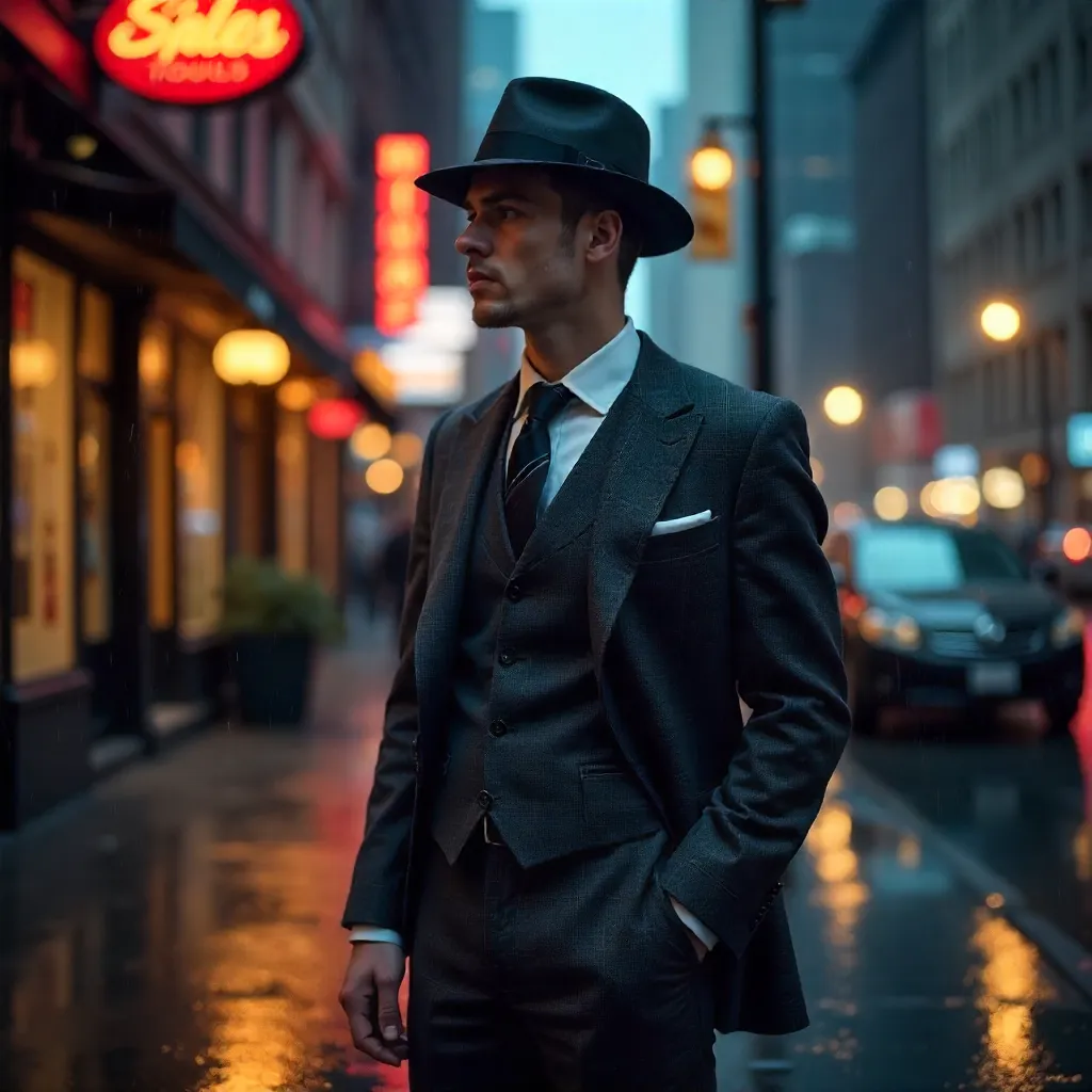 Pensive Gentleman in a City Night Rain