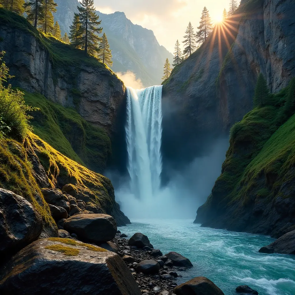Stunning Waterfall in a Grand Rocky Canyon