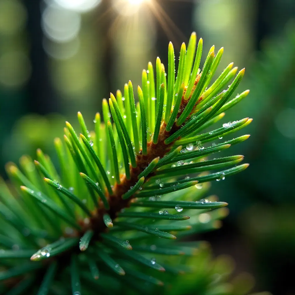 Macro Close-Up: Vibrant Evergreen Pine Needles in Sunlit Forest