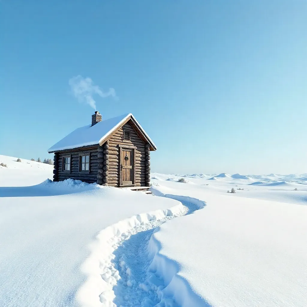 Isolated Snowy Cabin Under Clear Blue Sky