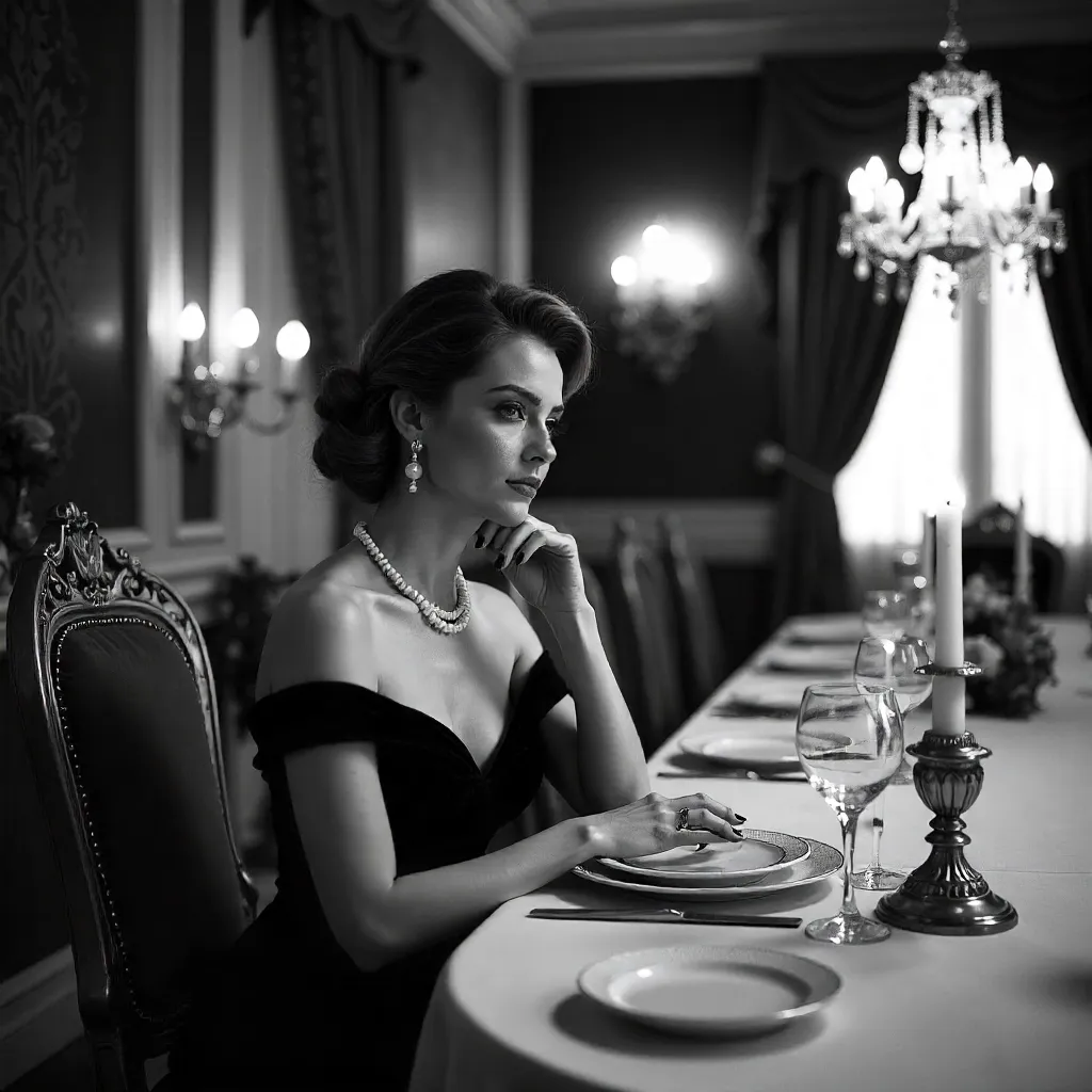 Monochrome Elegance: Woman at a Luxurious Table