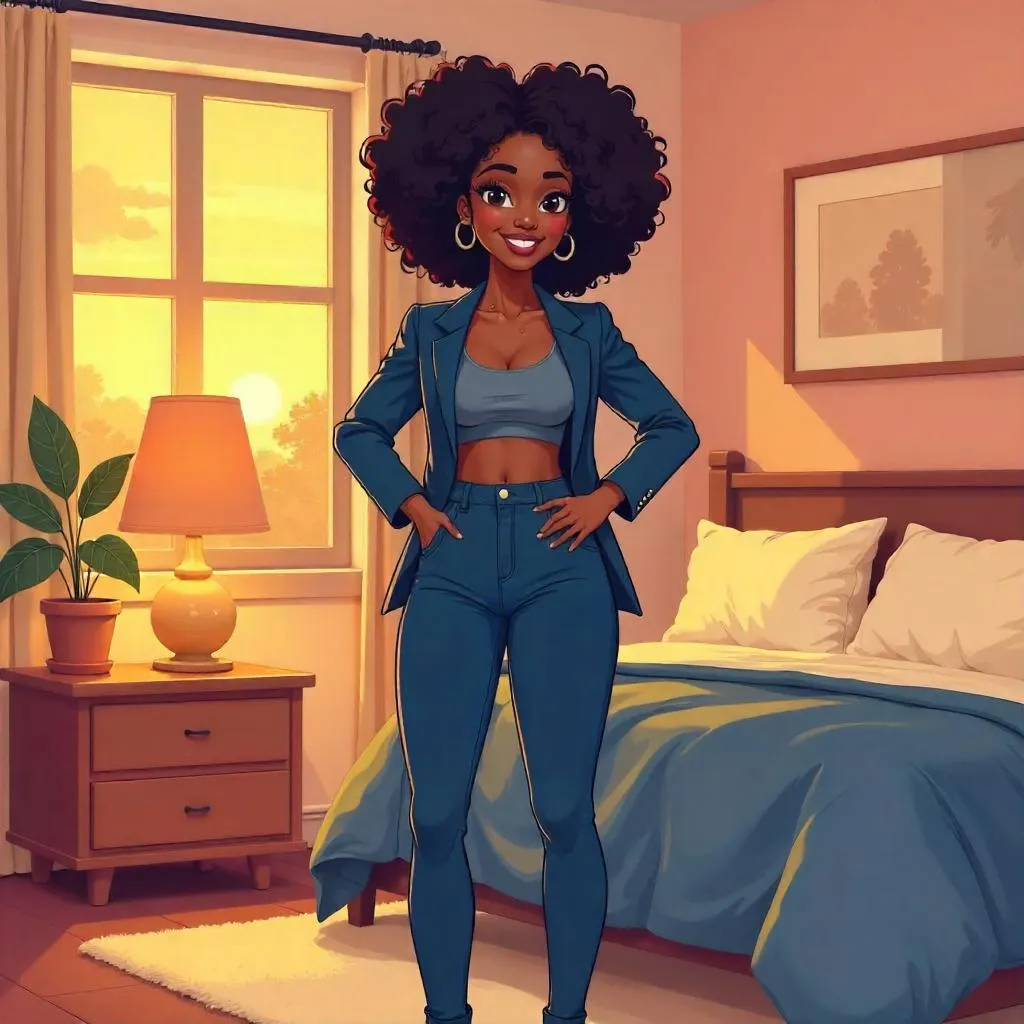 Confident Black Woman in a Cozy Cartoon Bedroom