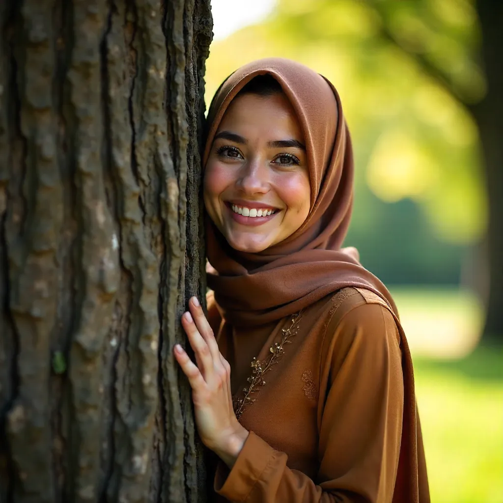 Warmth Behind the Tree: Confident Hijabi Woman