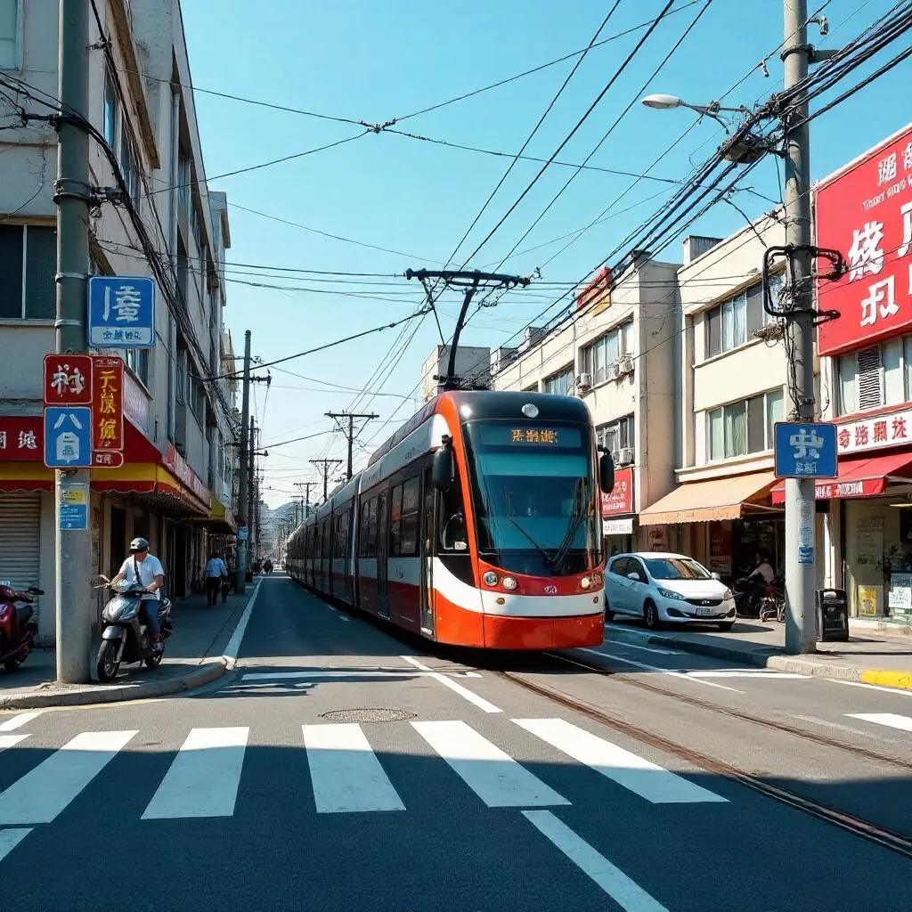 Taiwan Train Crossing at a Busy Intersection