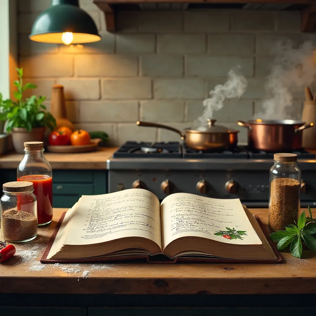 Open Cookbook in a Cozy Kitchen with Pots and Ingredients